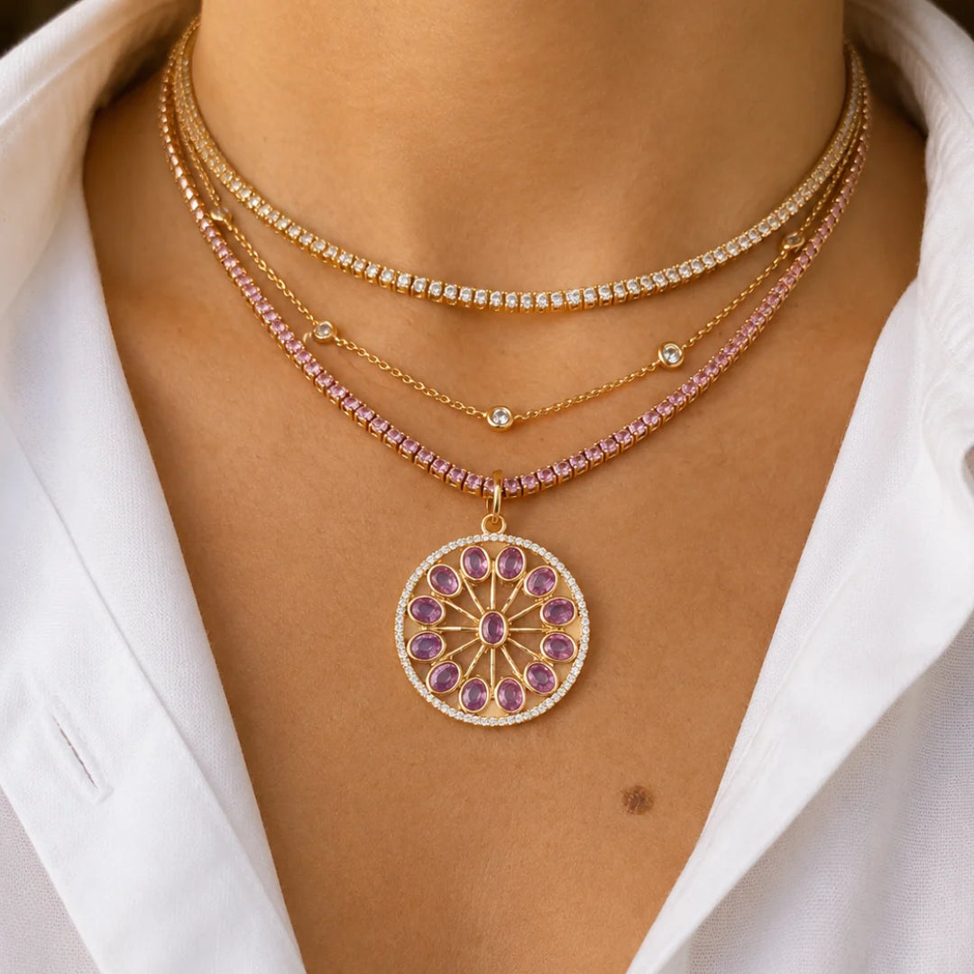 Pink Sapphire Tennis Necklace in 14K Rose Gold layered on model, view 2 | JJ Jewelry Miami
