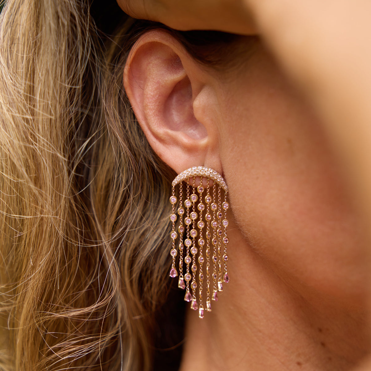 Pink Sapphire and Diamond Chandelier Earrings, view 3 | JJ Jewelry Miami