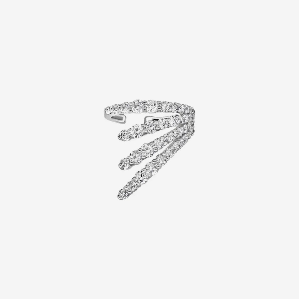Radiant Cascade Diamond Ear Cuff in 18K White Gold, gray background | JJ Jewelry Miami