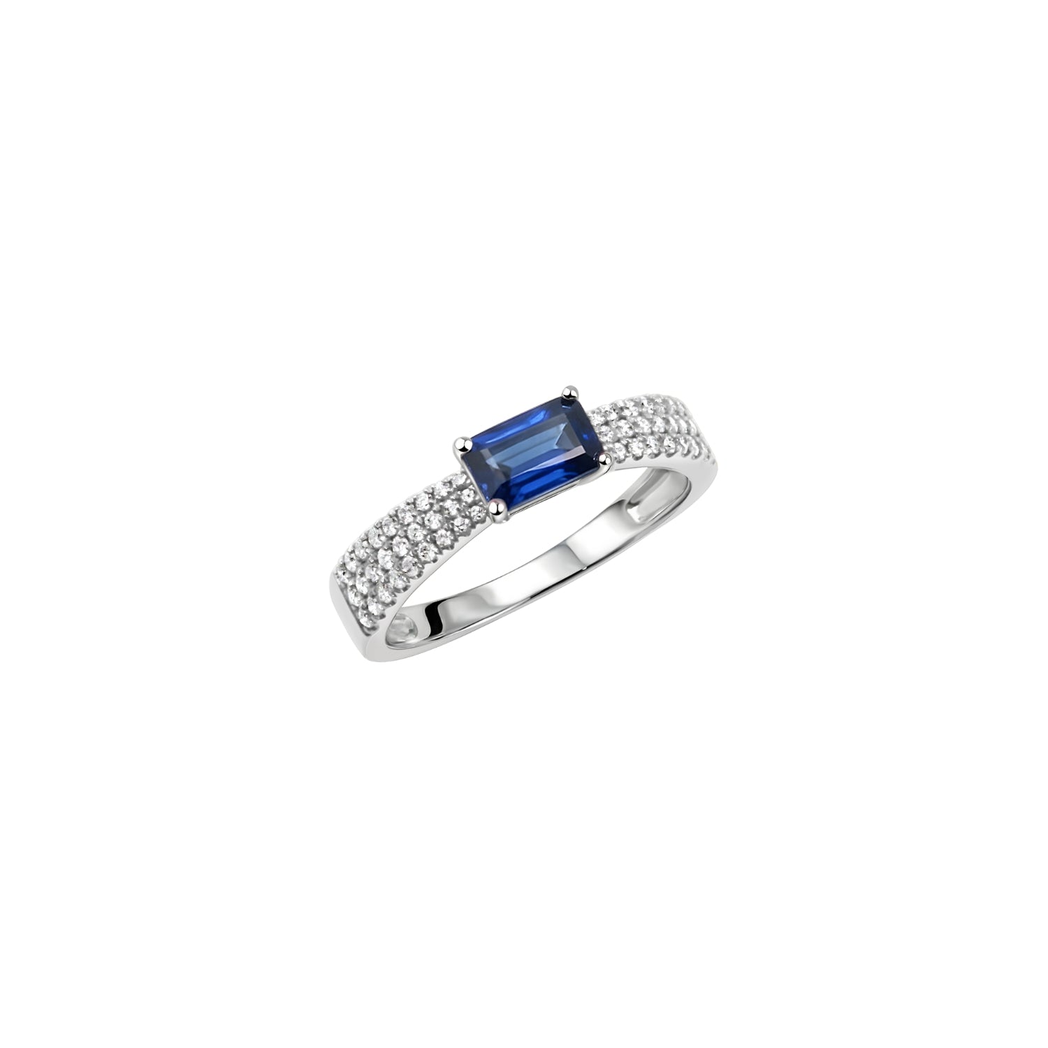 Rectangular Blue Sapphire Pavé Diamond Ring in 18K Yellow or White Gold