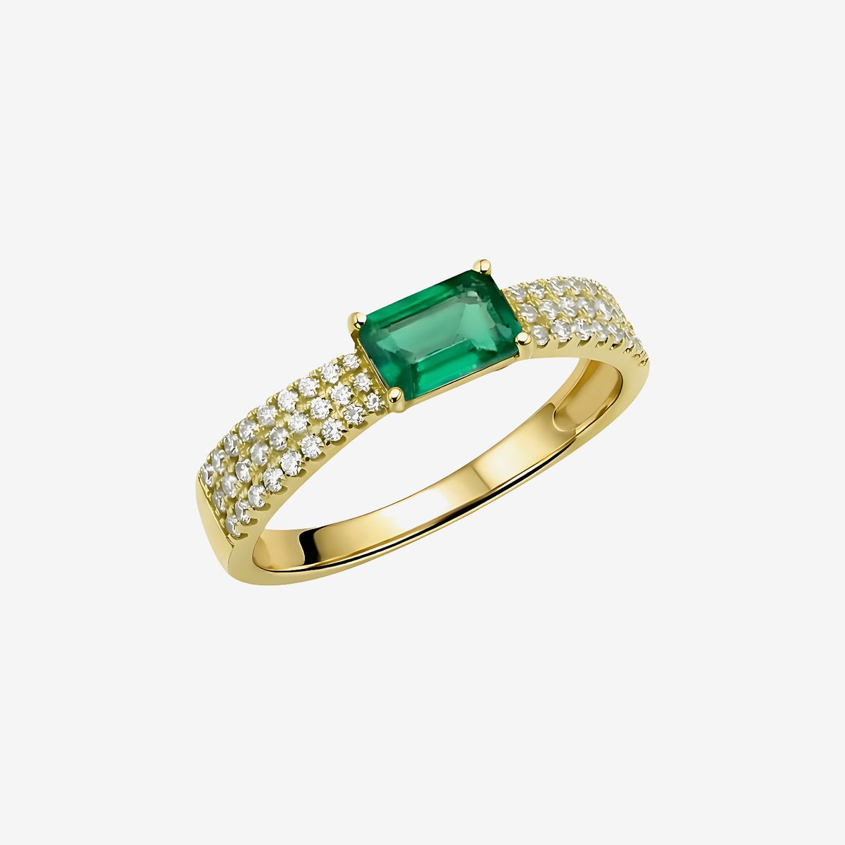 Rectangular Emerald Flat-Set Diamond Ring in 18K Yellow Gold | JJ Jewelry