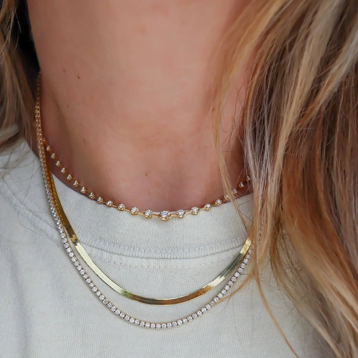 Renata Graduated Diamond Tennis Necklace in 18K Gold, view 6 | JJ Jewelry Miami