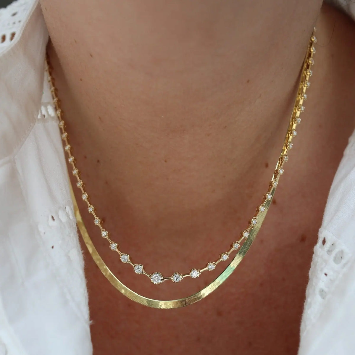 Renata Graduated Diamond Tennis Necklace in 18K Gold, view 5 | JJ Jewelry Miami