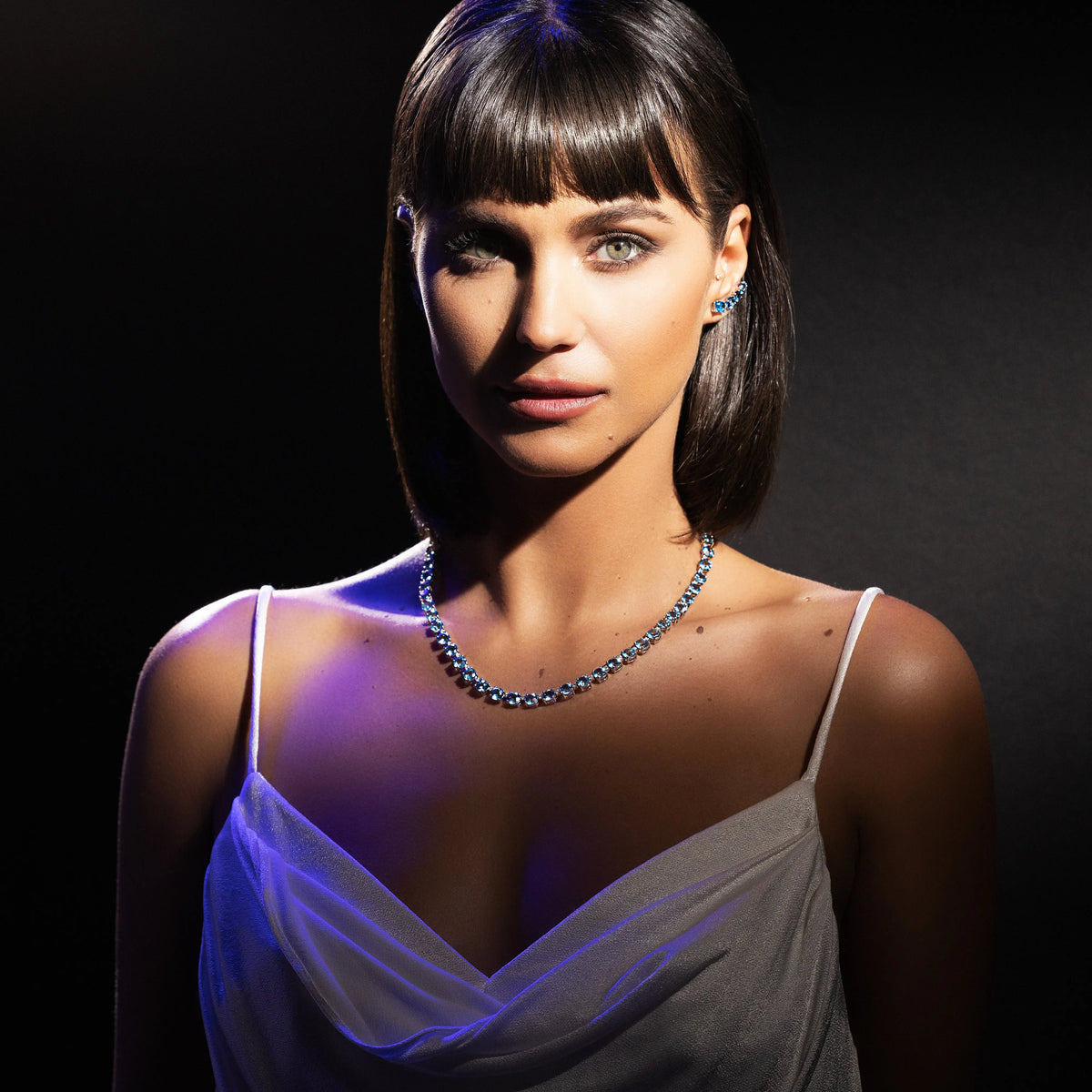 Round Blue Topaz and Diamond Strand Necklace in 18K White Gold, view 2 | JJ Jewelry Miami