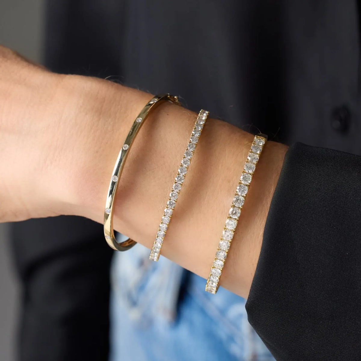Round Brilliant Diamond Flexible Tennis Bangle in White Gold, lifestyle view 3 | JJ Jewelry