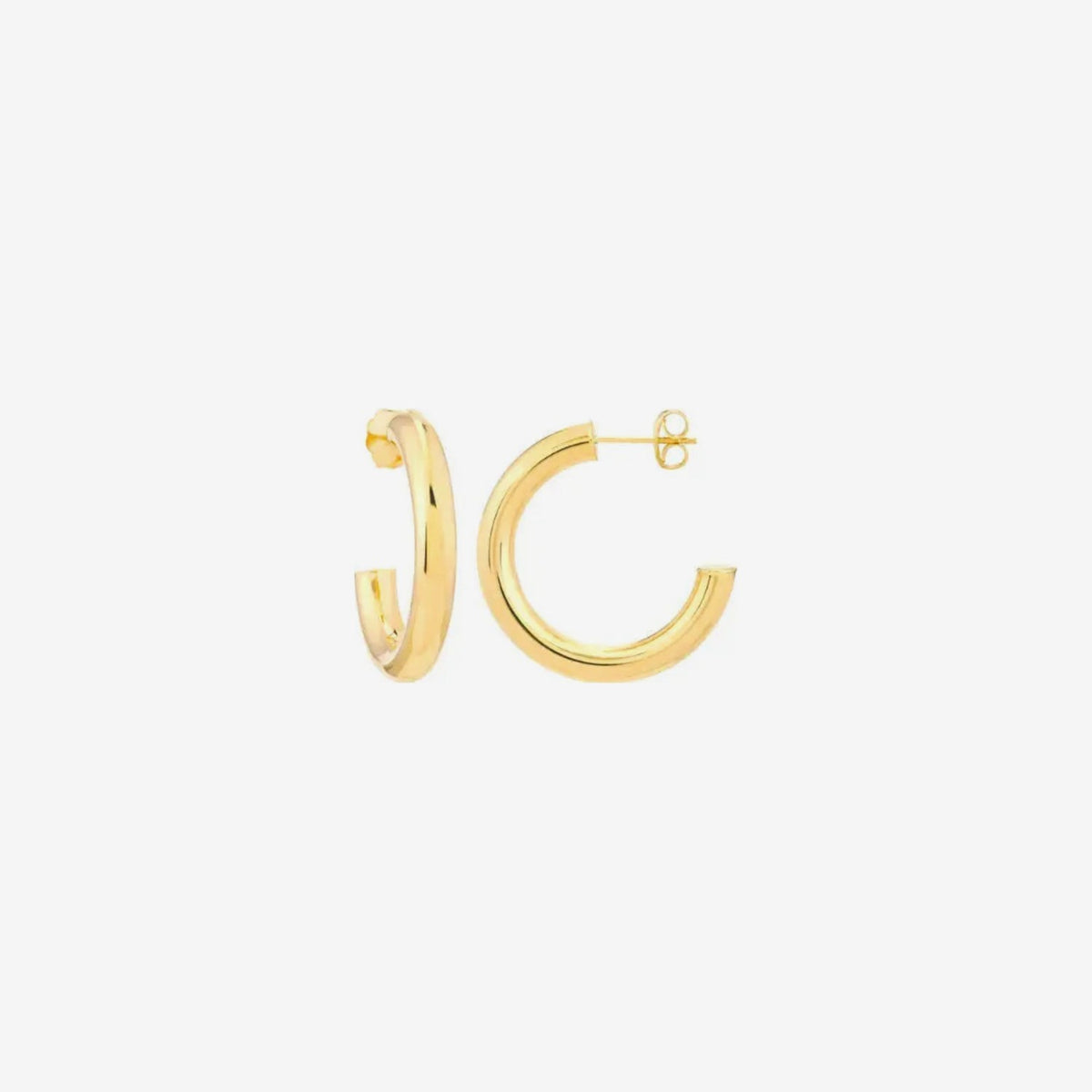 Small Classic Hoop Earrings in 14K Yellow Gold, gray background | JJ Jewelry Miami