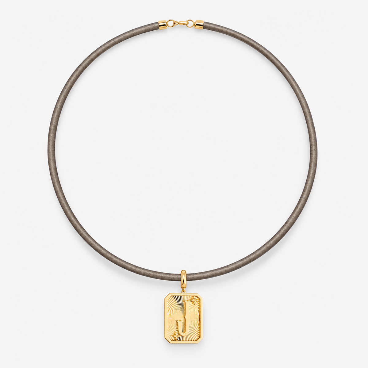 Small Initial Medal Pendant in 18K Yellow Gold styled on a cord necklace, view 3 | JJ Jewelry Miami