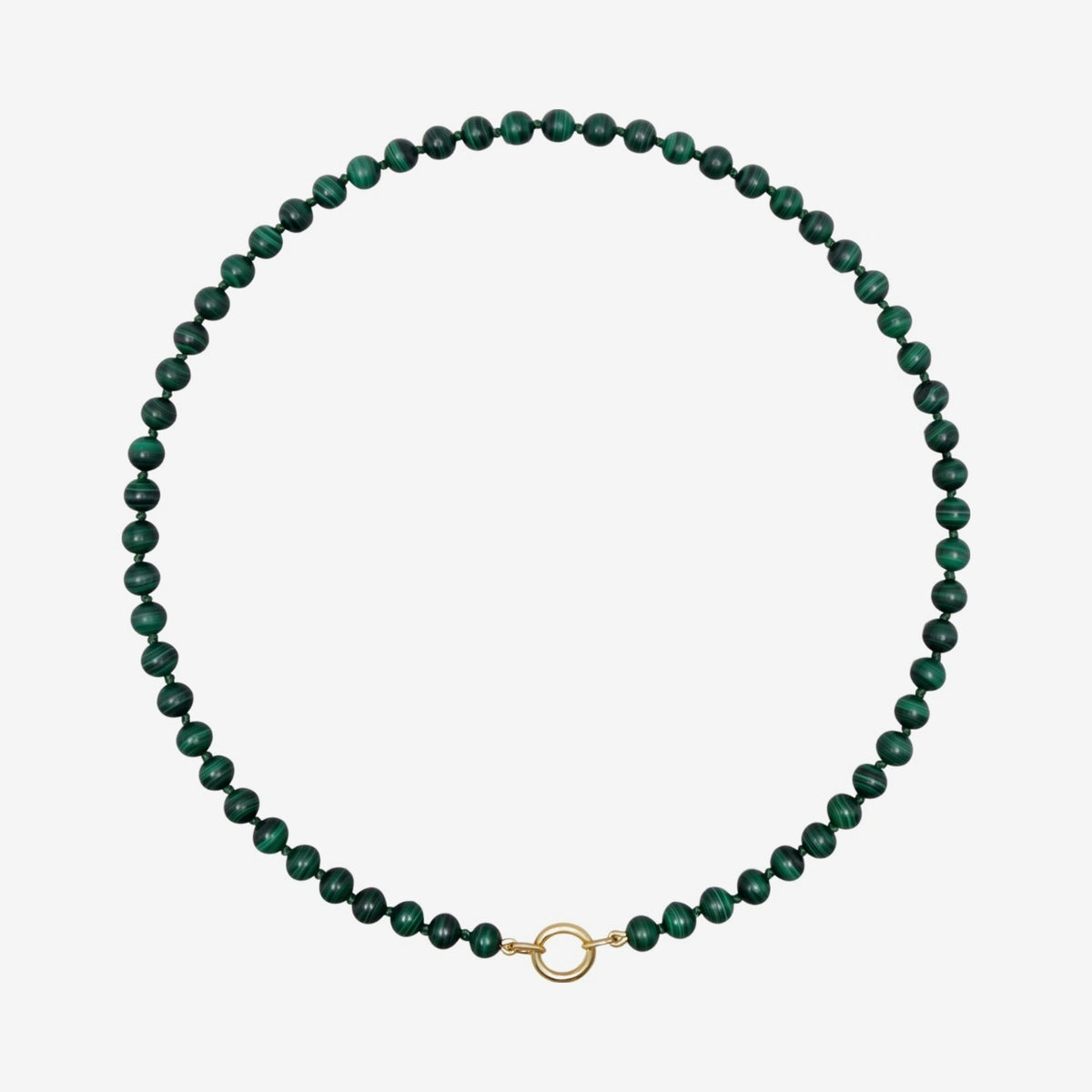 Small Malachite Bead Necklace with 14K Gold Connector, gray background | JJ Jewelry Miami