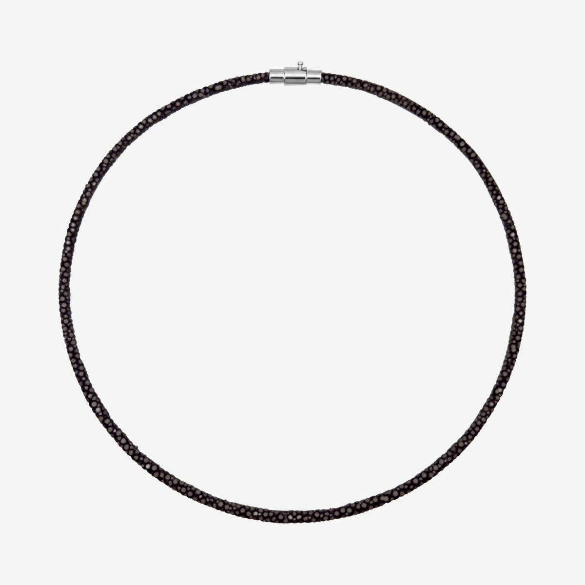 Stingray Cord Necklace with Silver Clasp, Black 15 in, gray background | JJ Jewelry Miami