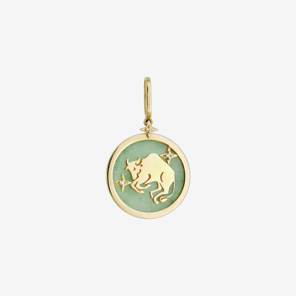 Taurus Zodiac Pendant with Green Quartz & Diamonds in 18K Yellow Gold, view 2 | JJ Jewelry Miami
