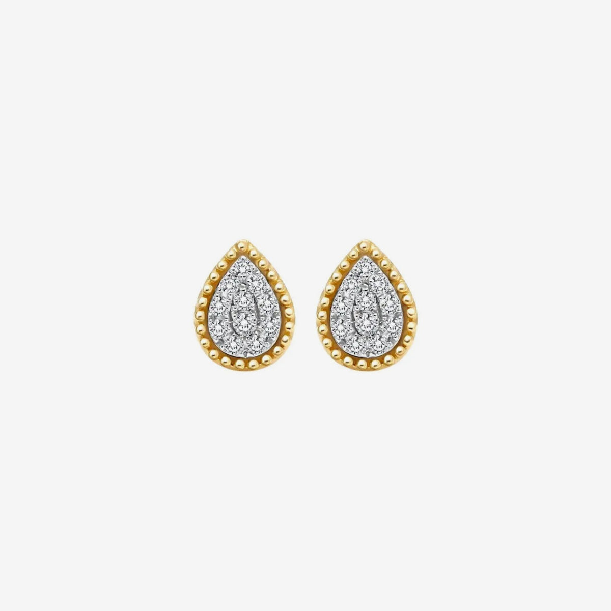 Teardrop Diamond Halo Stud Earrings in 18K Yellow Gold, gray background | JJ Jewelry Miami