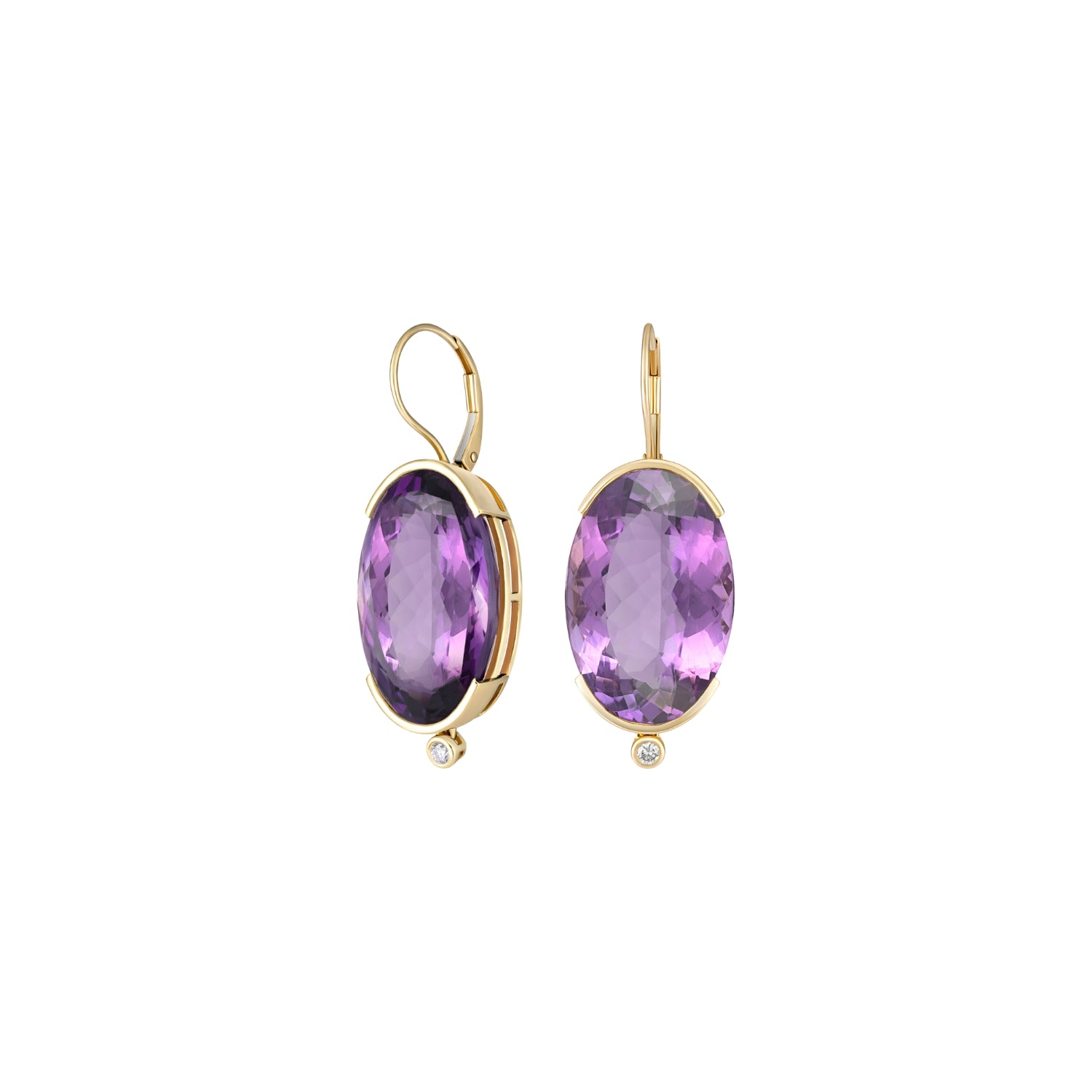 Oval Amethyst & Diamond Drop Earrings in 18K Yellow Gold