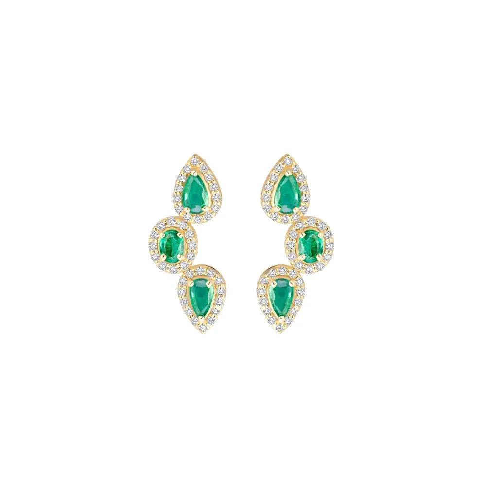 Three pear emerald or ruby earrings with diamonds in 14K yellow gold by JJ Jewelry