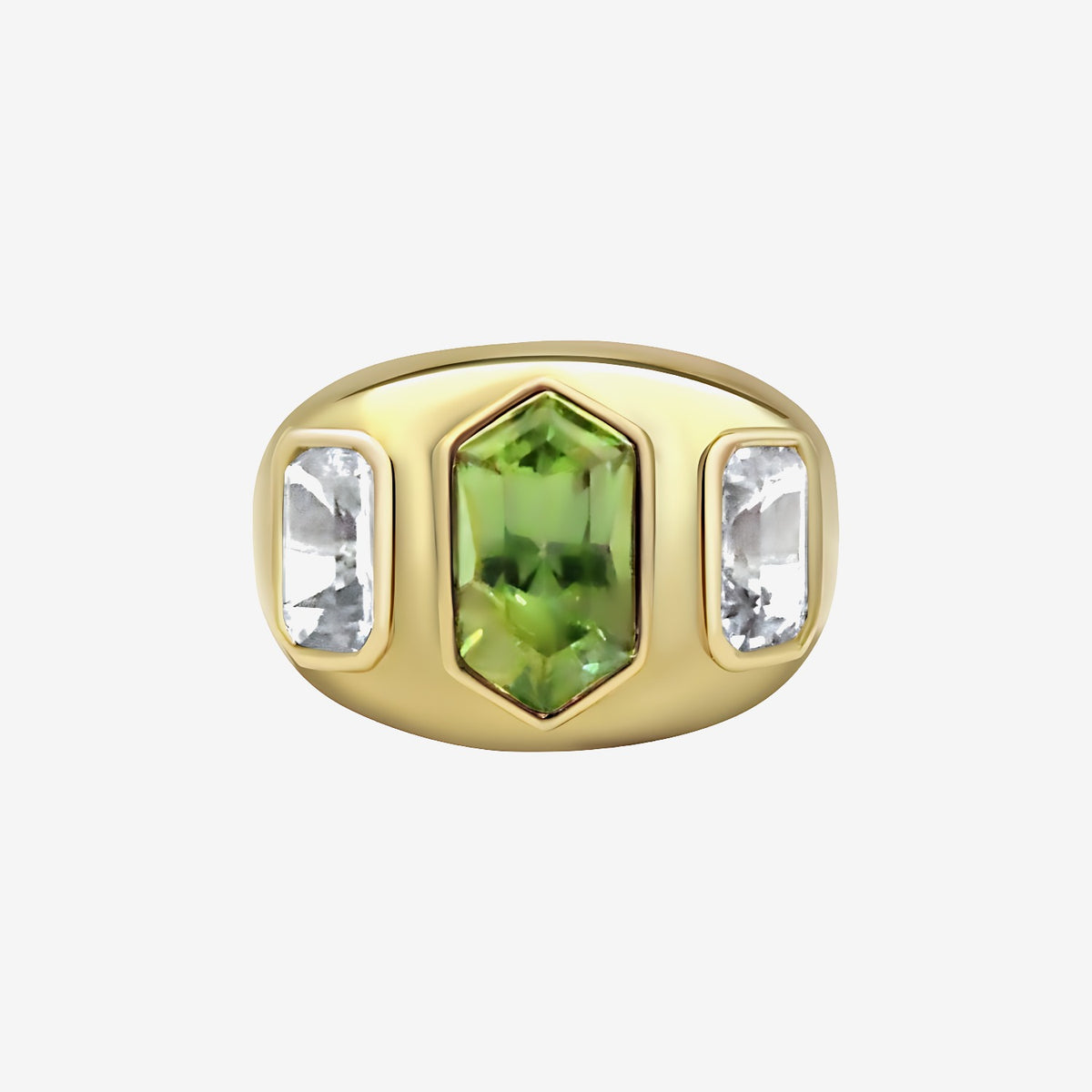 Three-Stone Green Sapphire Hexagon Bezel Ring in 18K Yellow Gold | JJ Jewelry