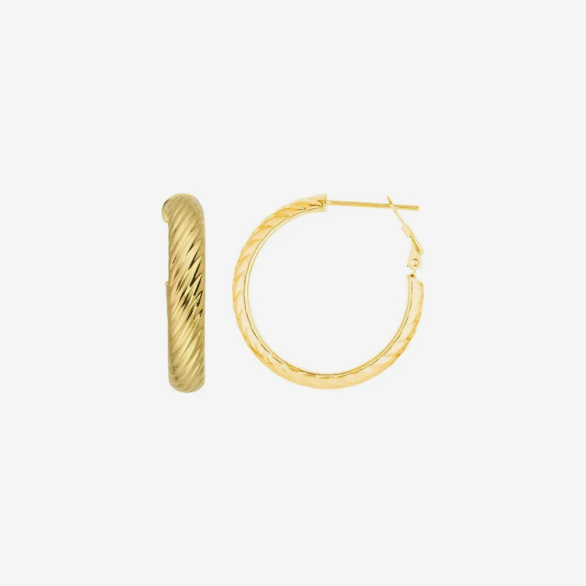 Twisted Hoop Earrings in 14K Yellow Gold, gray background | JJ Jewelry Miami