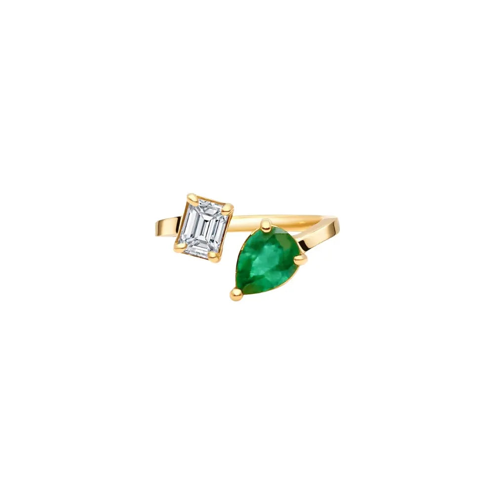 Two-stone emerald and diamond ring in 18K yellow gold by JJ Jewelry