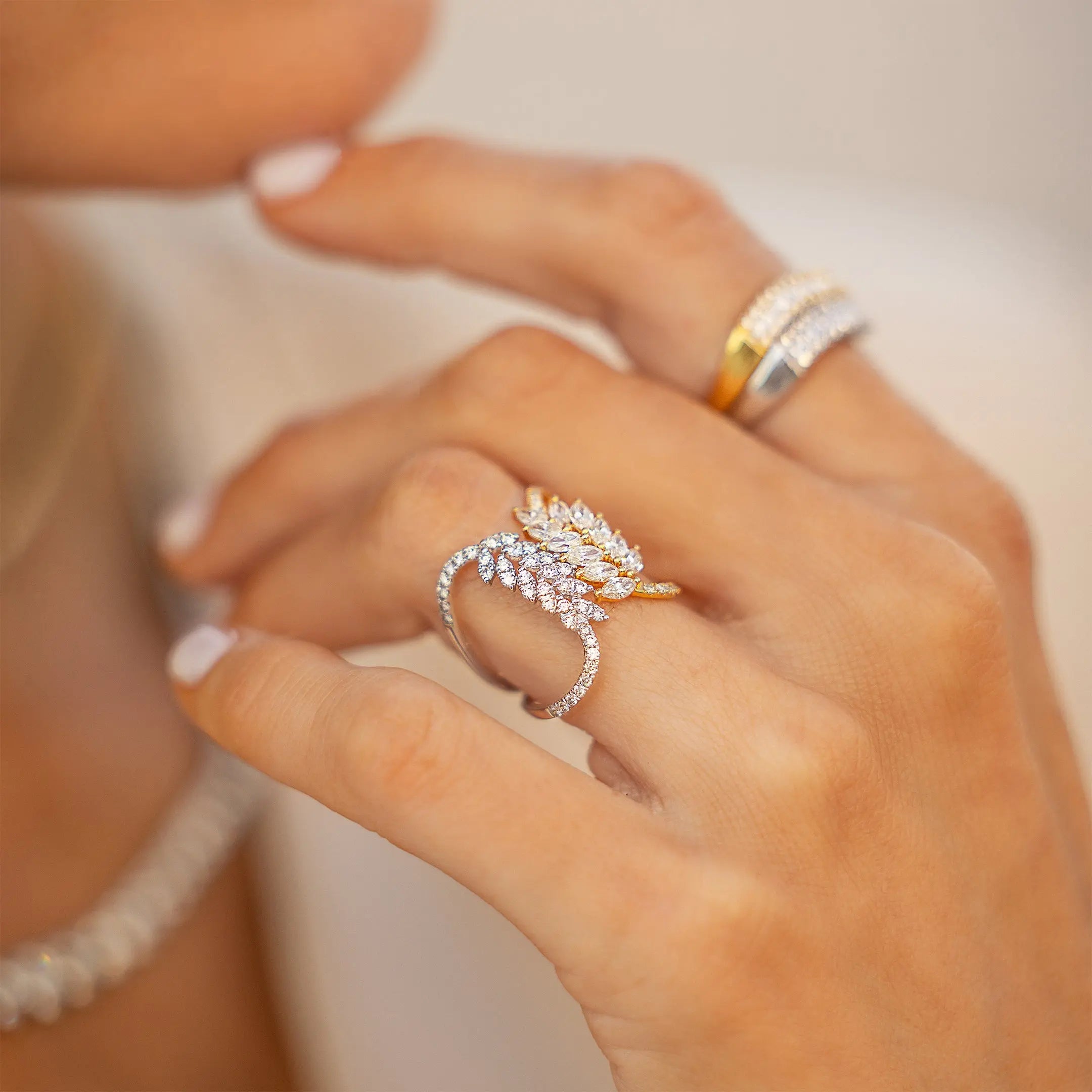 White and Yellow Gold Greek Leaves Diamond Ring Princess Jewelry Shop