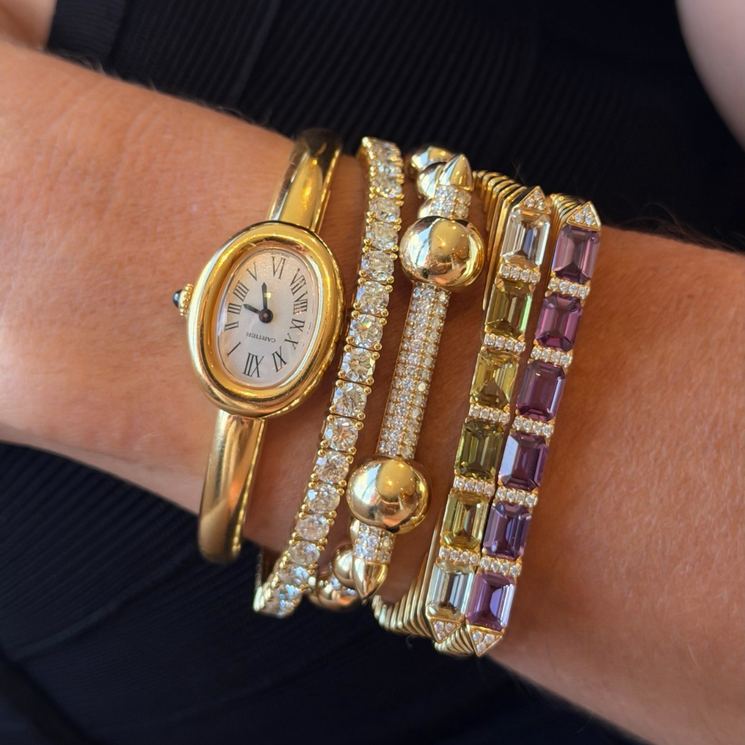 Yellow and Green Sapphire Diamond Bangle in Yellow Gold, lifestyle view 1 | JJ Jewelry