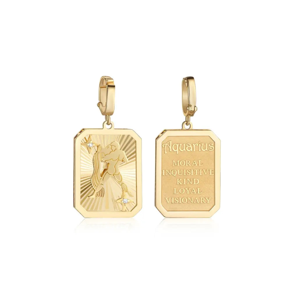 Aquarius zodiac engraved gold and diamond pendant in 18K yellow gold by JJ Jewelry