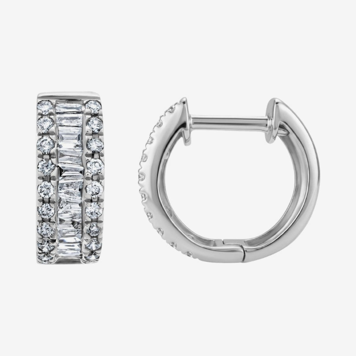 Baguette Diamond Hoop Earrings, view 2, gray background | JJ Jewelry Miami