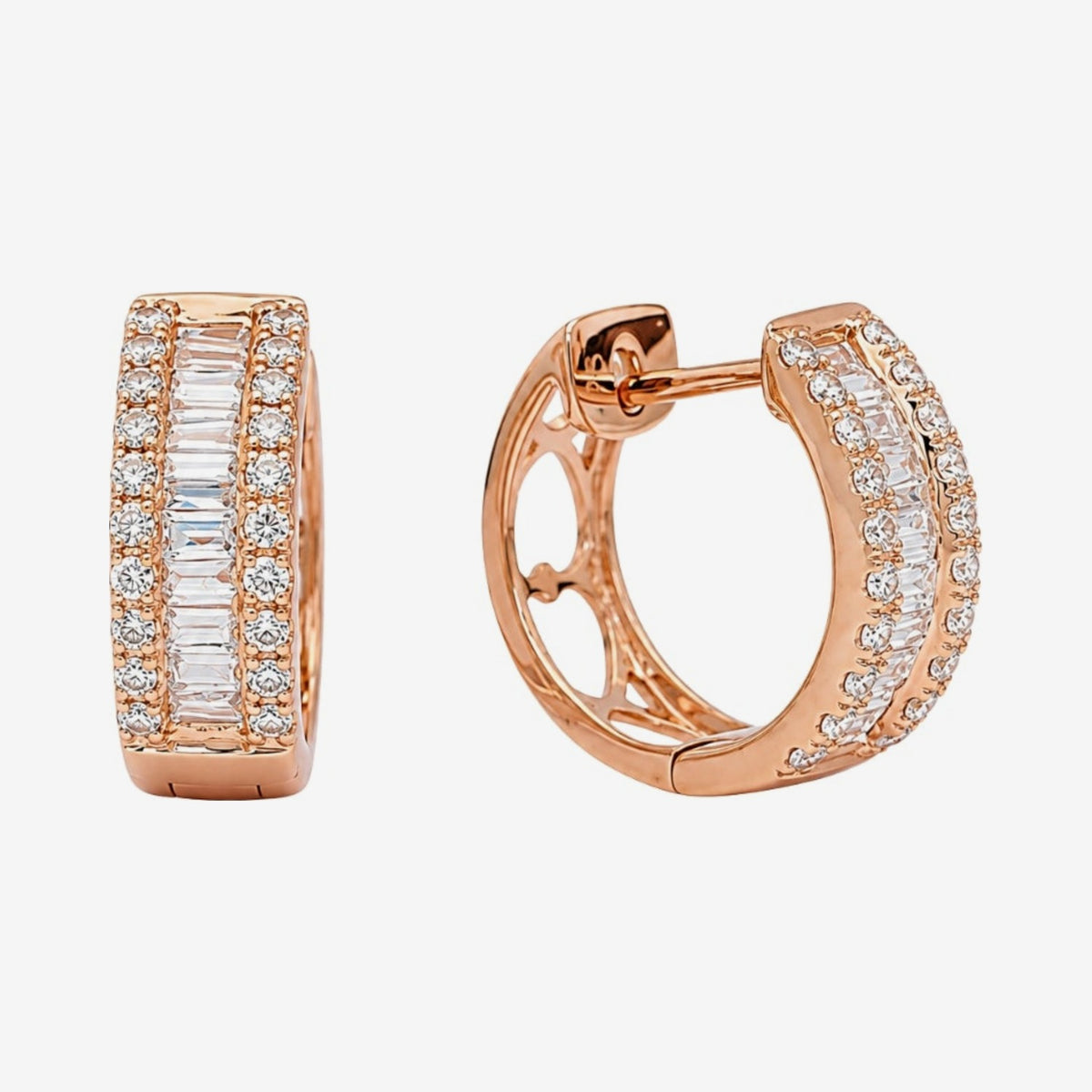 Baguette Diamond Hoop Earrings, gray background | JJ Jewelry Miami