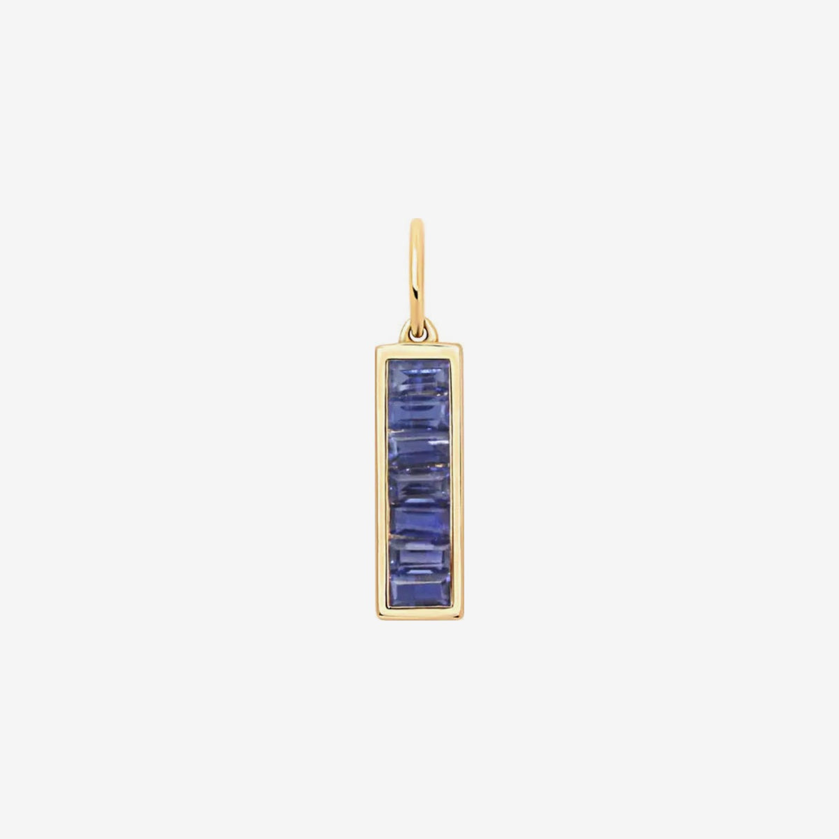 Baguette Gemstone Bar Pendant in 14K Yellow Gold, Blue Sapphire, gray background | JJ Jewelry Miami