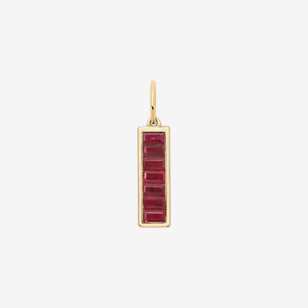 Baguette Gemstone Bar Pendant in 14K Yellow Gold, Ruby, gray background | JJ Jewelry Miami