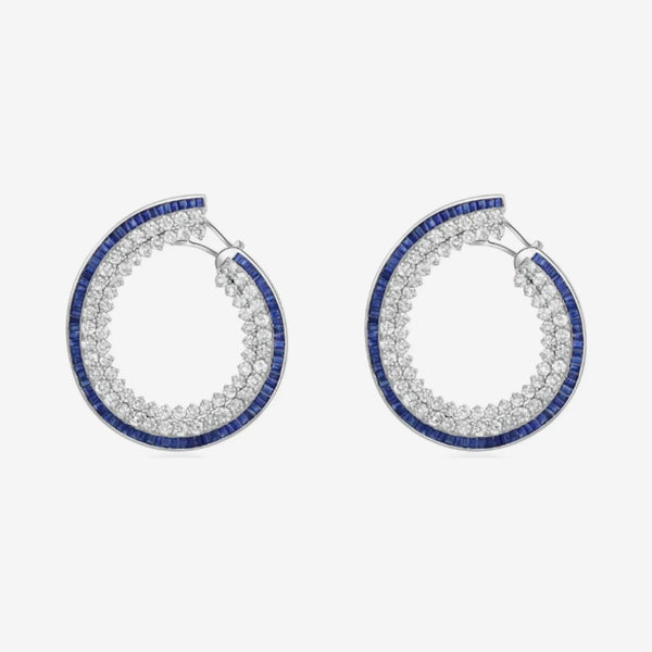 Blue Sapphire and Diamond Garland Earrings in 18K White Gold, gray background | JJ Jewelry Miami