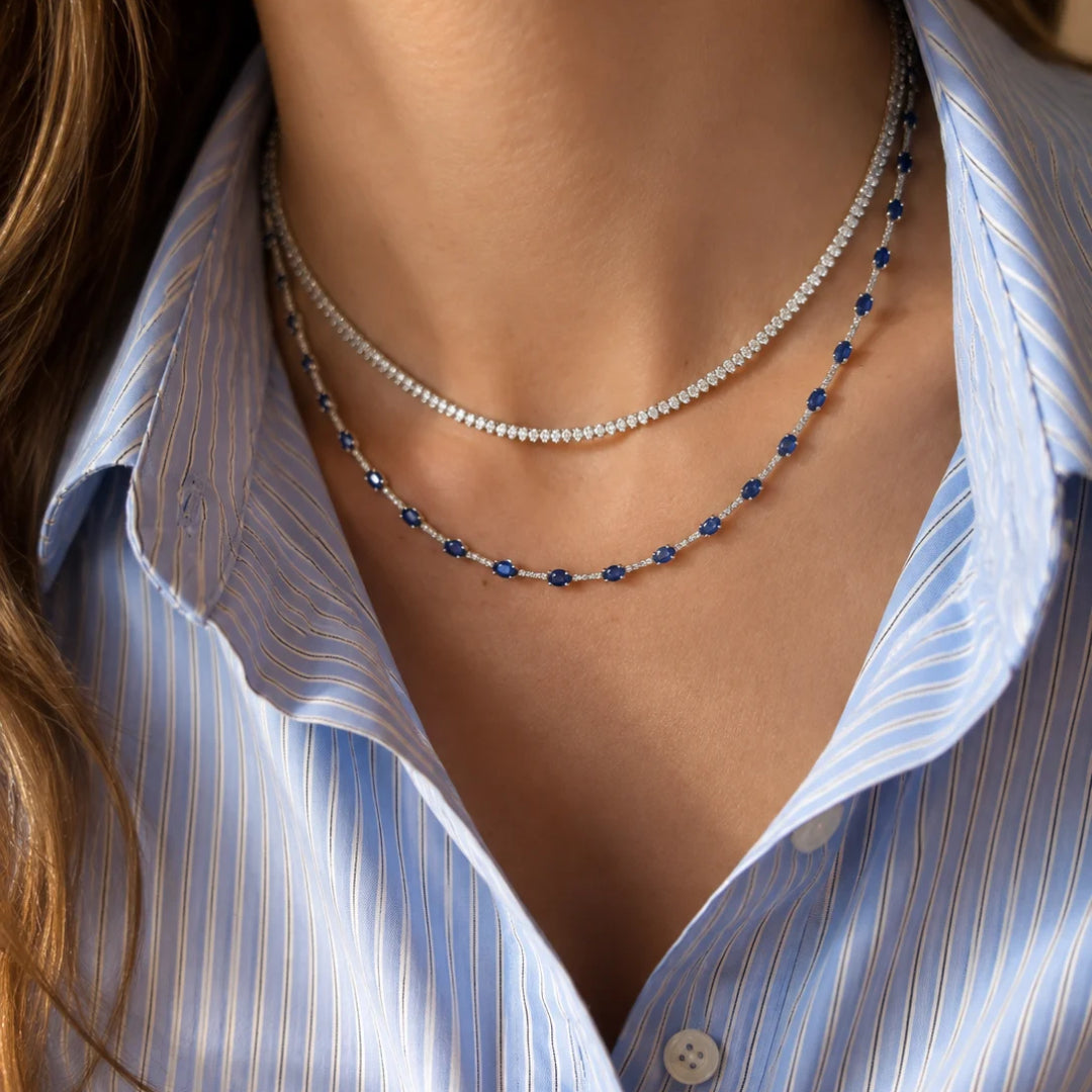 Blue Sapphire and Diamond Station Necklace in 14K White Gold layered on model | JJ Jewelry Miami