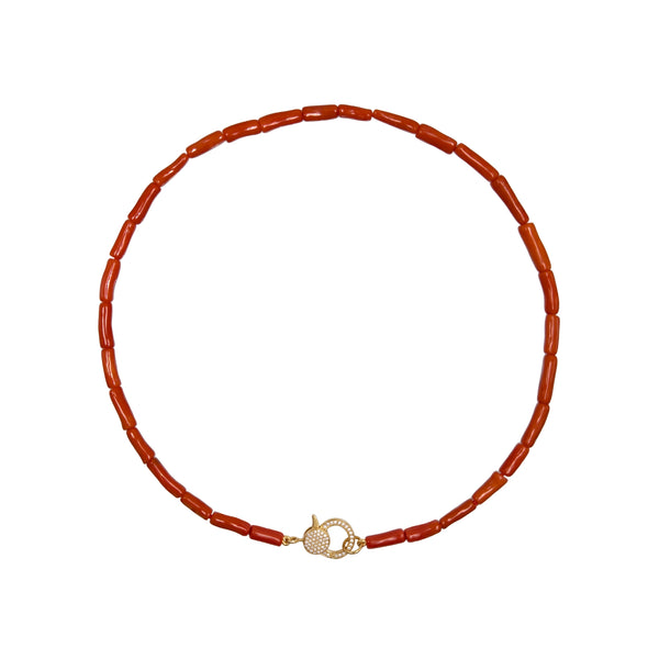 Coral Tube and Diamond Clasp Necklace in 14K Yellow Gold | JJ Jewelry Miami