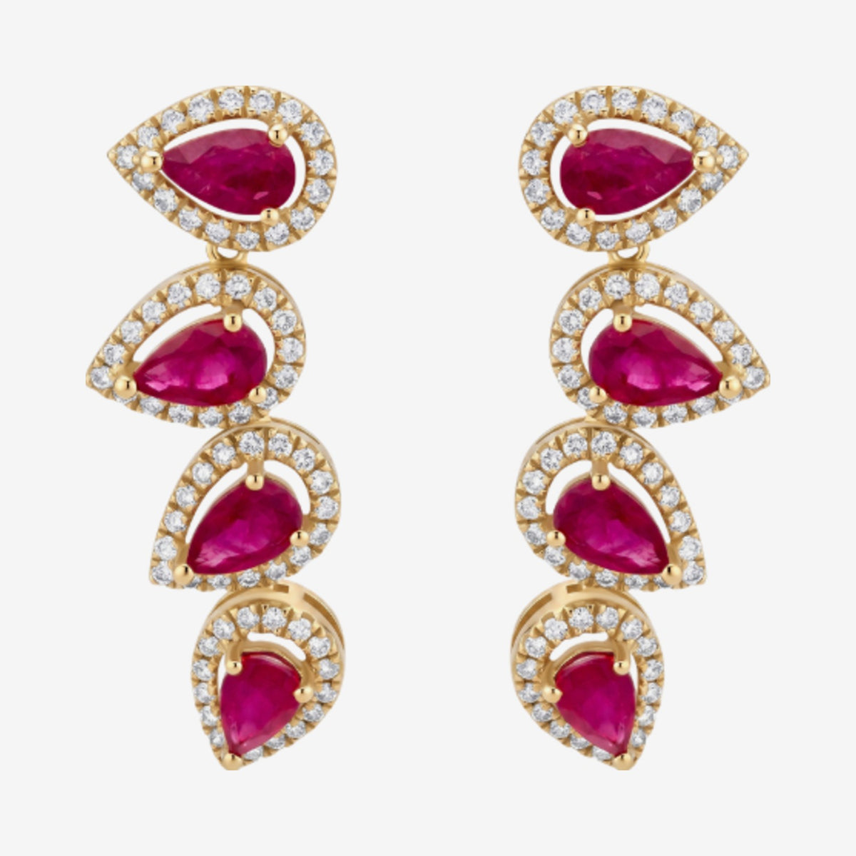 Dancing Ruby and Diamond Pear Drop Earrings in 18K Yellow Gold, gray background | JJ Jewelry Miami