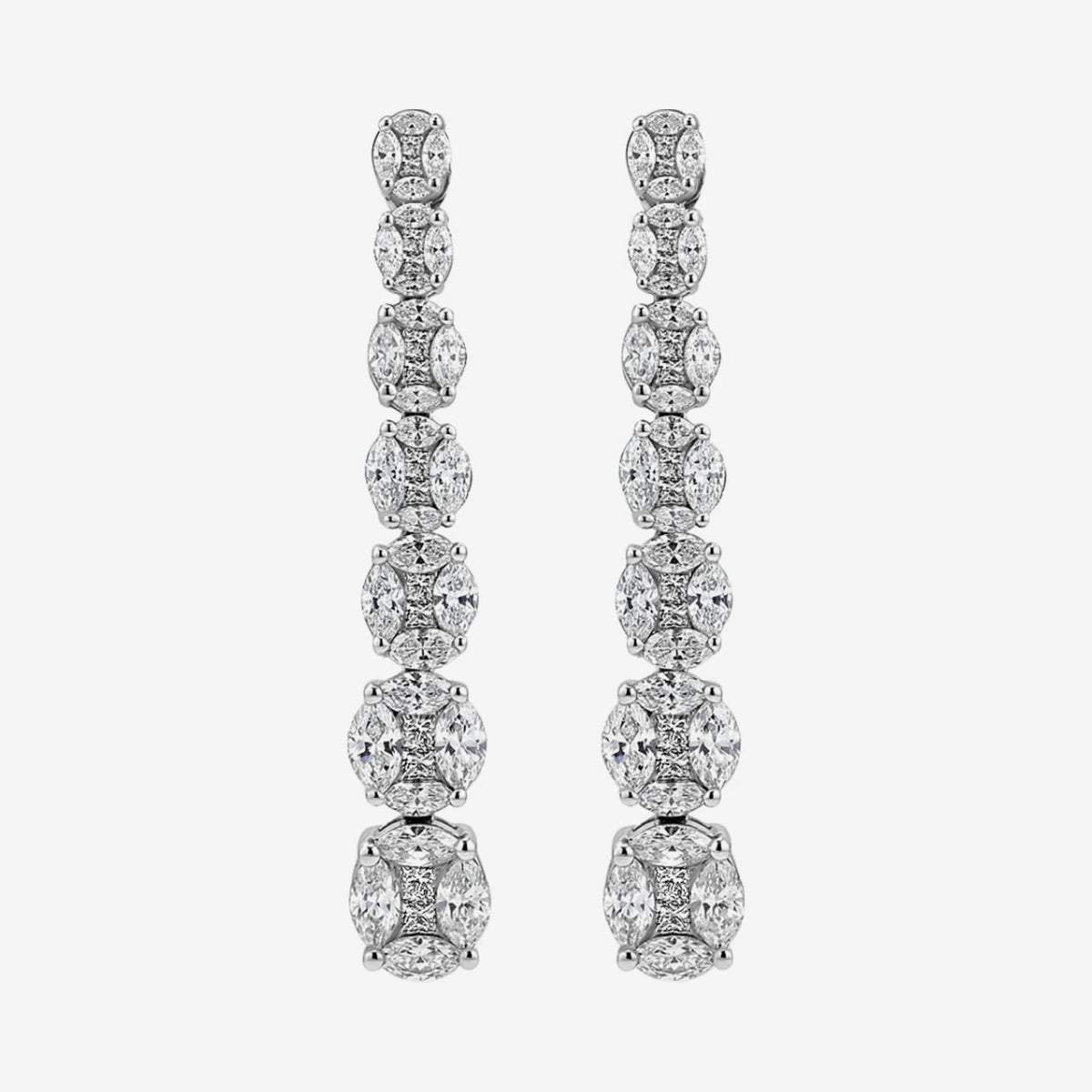 Diamond Mosaic Long Drop Earrings in 18K White Gold, gray background | JJ Jewelry Miami