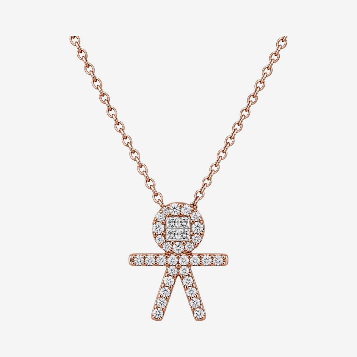 Diamond Pavé Boy Pendant Necklace in 18K Rose Gold, gray background | JJ Jewelry Miami