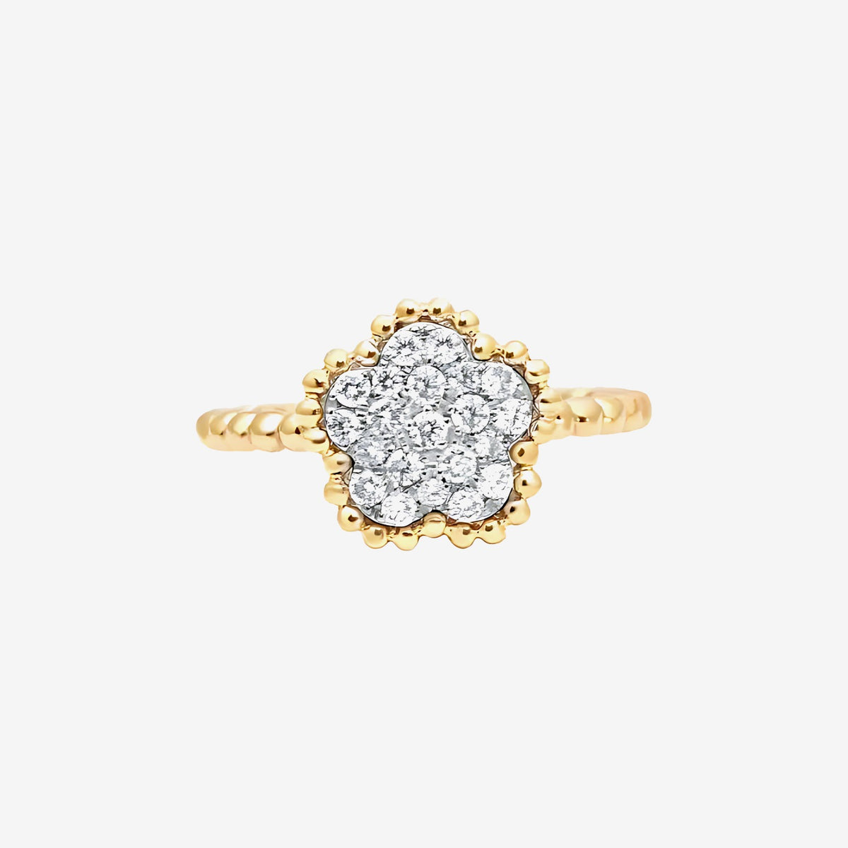 Diamond Pavé Clover Flower Ring in 18K Yellow Gold | JJ Jewelry