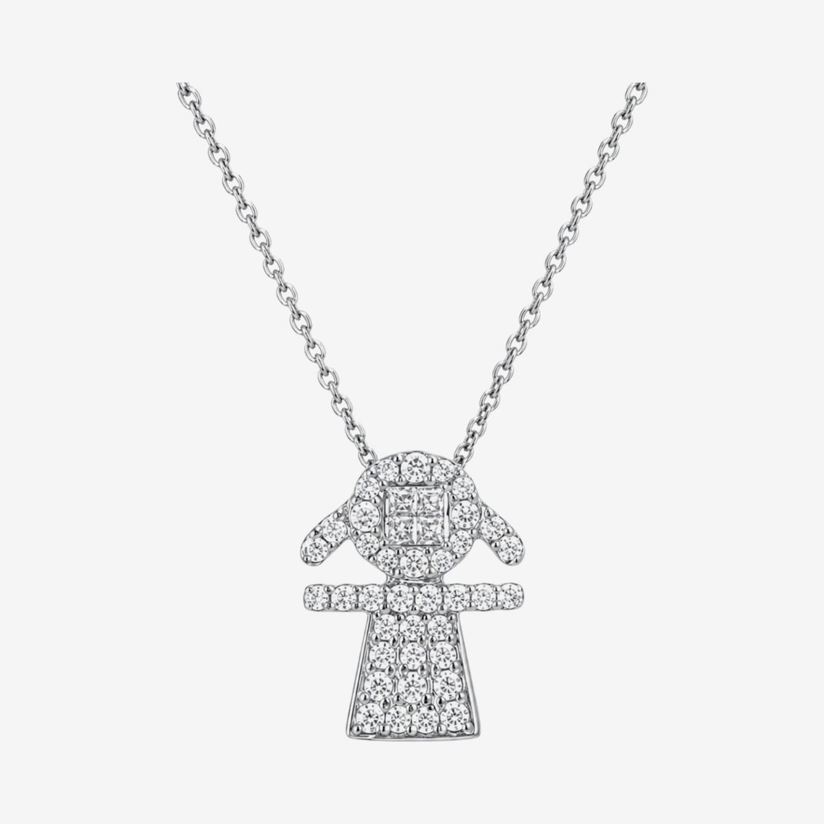 Diamond Pavé Girl Silhouette Pendant Necklace in 18K White Gold, gray background | JJ Jewelry Miami