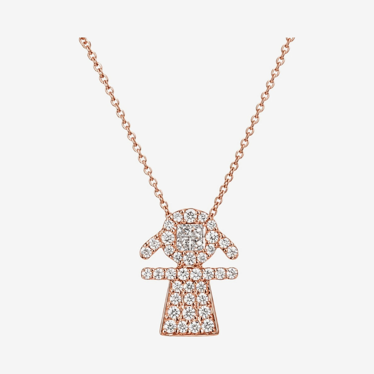 Diamond Pavé Girl Silhouette Pendant Necklace in 18K Rose Gold, gray background | JJ Jewelry Miami