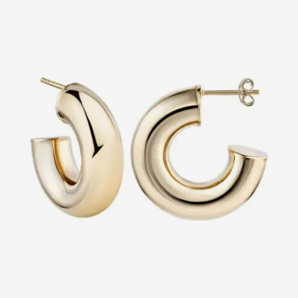 Domed Hoop Earrings in 14K Yellow Gold, gray background | JJ Jewelry Miami