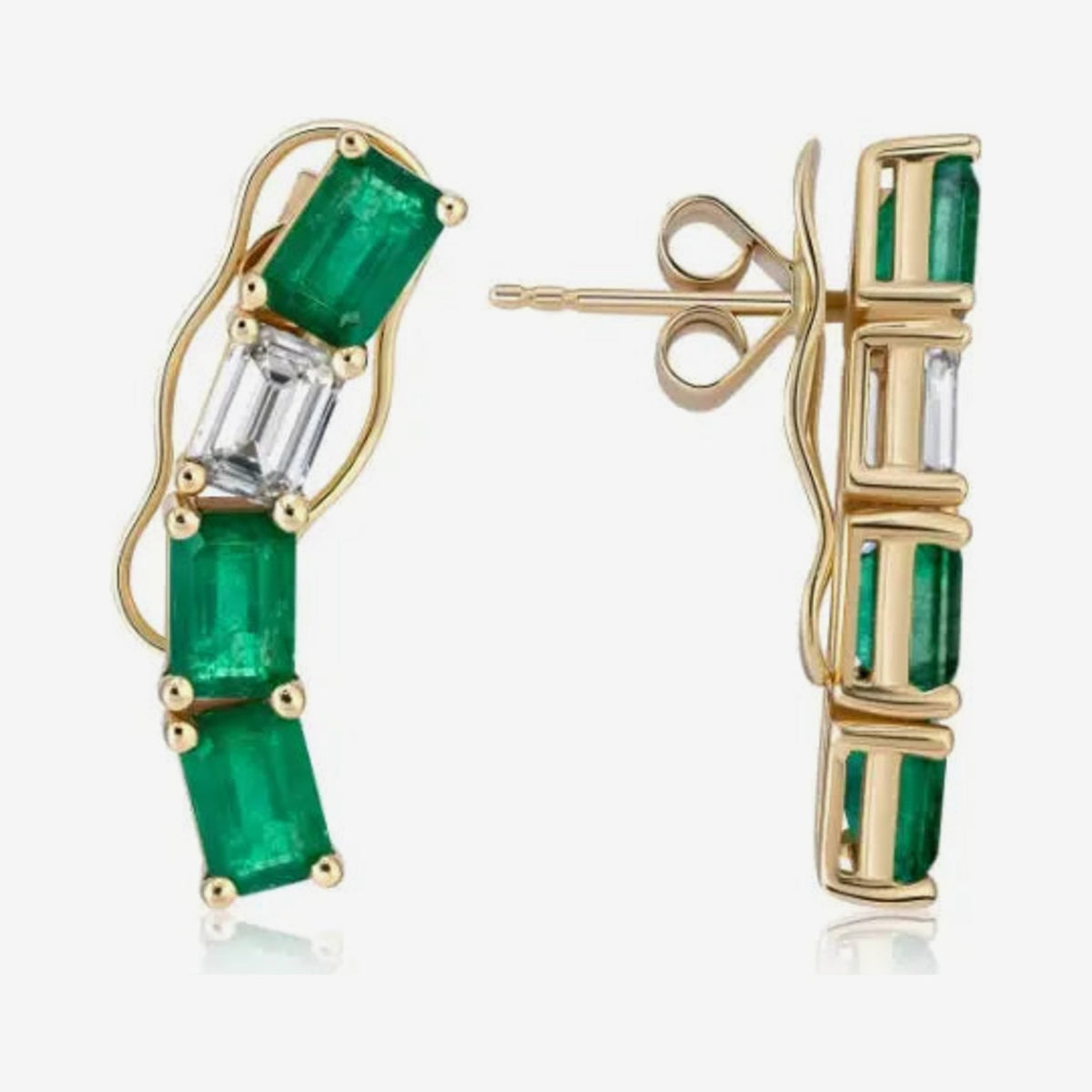 Emerald and Diamond Baguette Ear Crawlers in 18K Yellow Gold, gray background | JJ Jewelry Miami