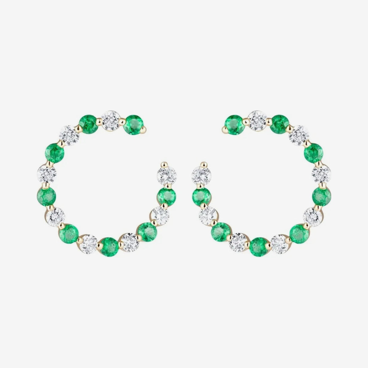Emerald and Diamond Garland Hoop Earrings in 14K Yellow Gold, gray background | JJ Jewelry Miami