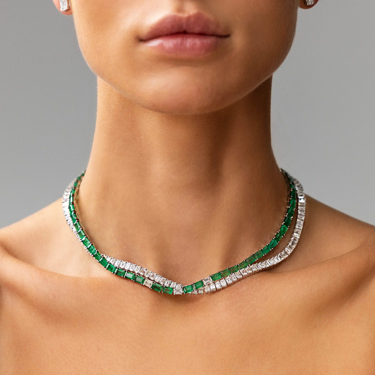 Emerald and Diamond Half Necklace in 18K White Gold, view 2 | JJ Jewelry Miami
