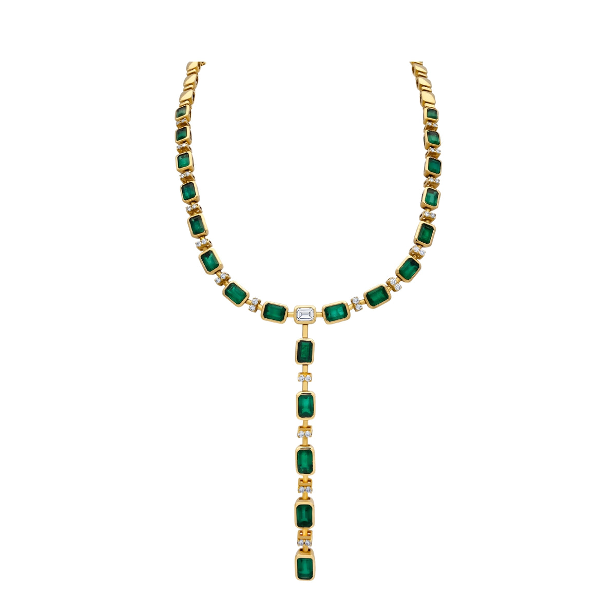 Emerald and Diamond Lariat Necklace in 18K Yellow Gold, angle 2 | JJ Jewelry Miami
