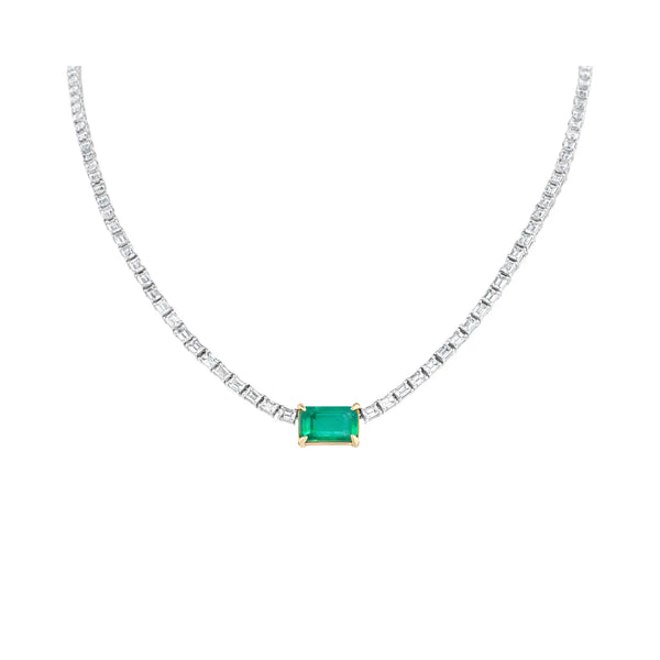 Emerald Center Baguette Diamond Tennis Necklace in 18K White Gold | JJ Jewelry Miami
