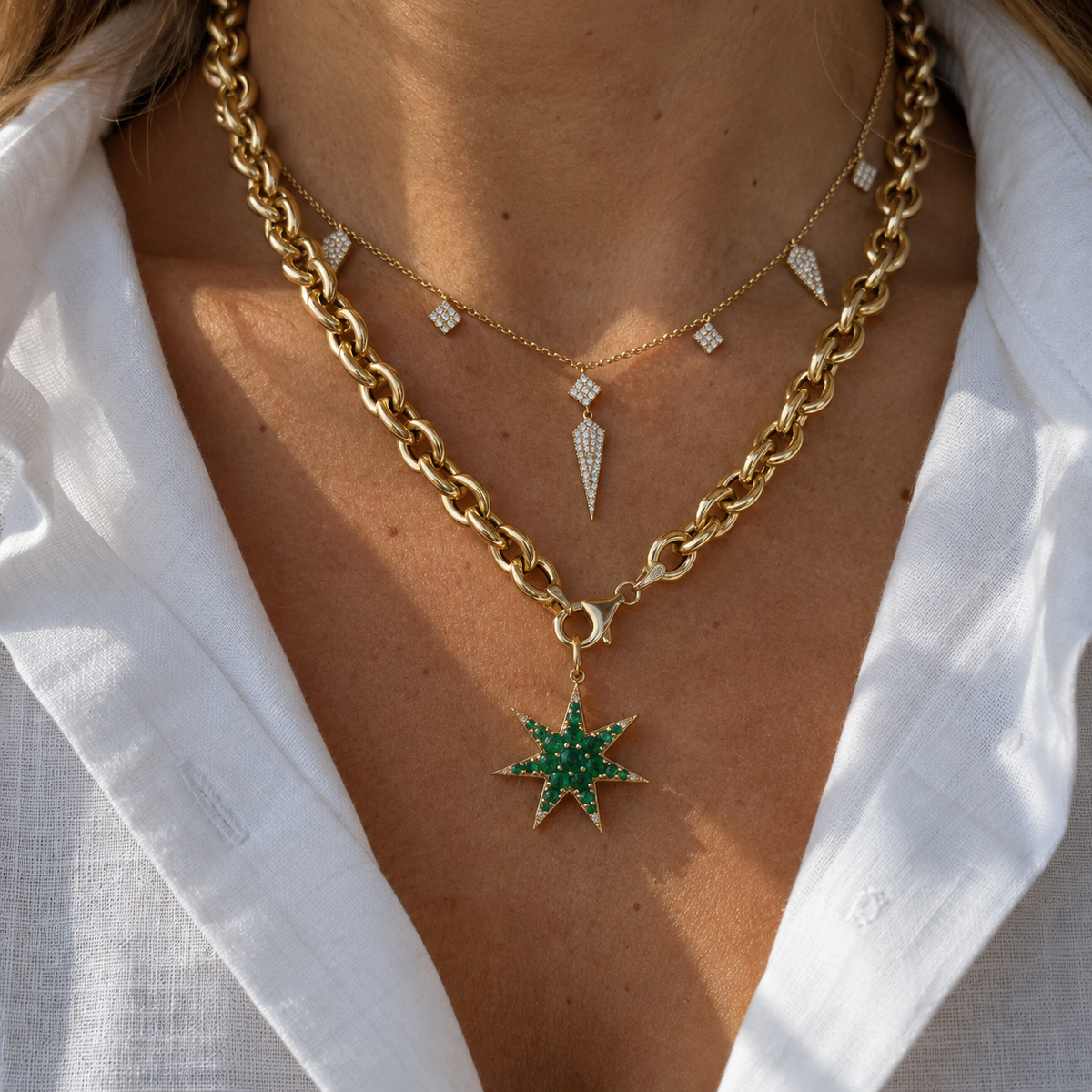Emerald Star Pendant with Diamonds in 14K Yellow Gold, layered on gold chains | JJ Jewelry Miami