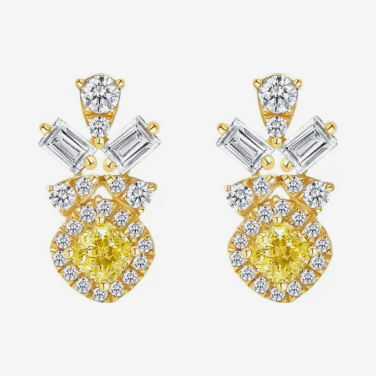 Fancy Yellow Diamond Cluster Drop Earrings in 18K Yellow Gold, gray background | JJ Jewelry Miami