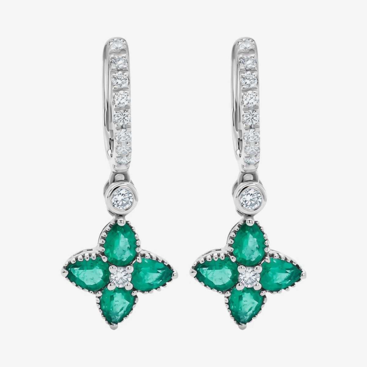 Floral Drop Hoop Earrings with Pavé Diamonds and Gemstones with Emerald, gray background | JJ Jewelry Miami
