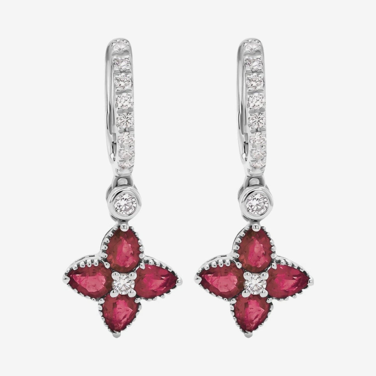 Floral Drop Hoop Earrings with Pavé Diamonds and Gemstones with Ruby, gray background | JJ Jewelry Miami