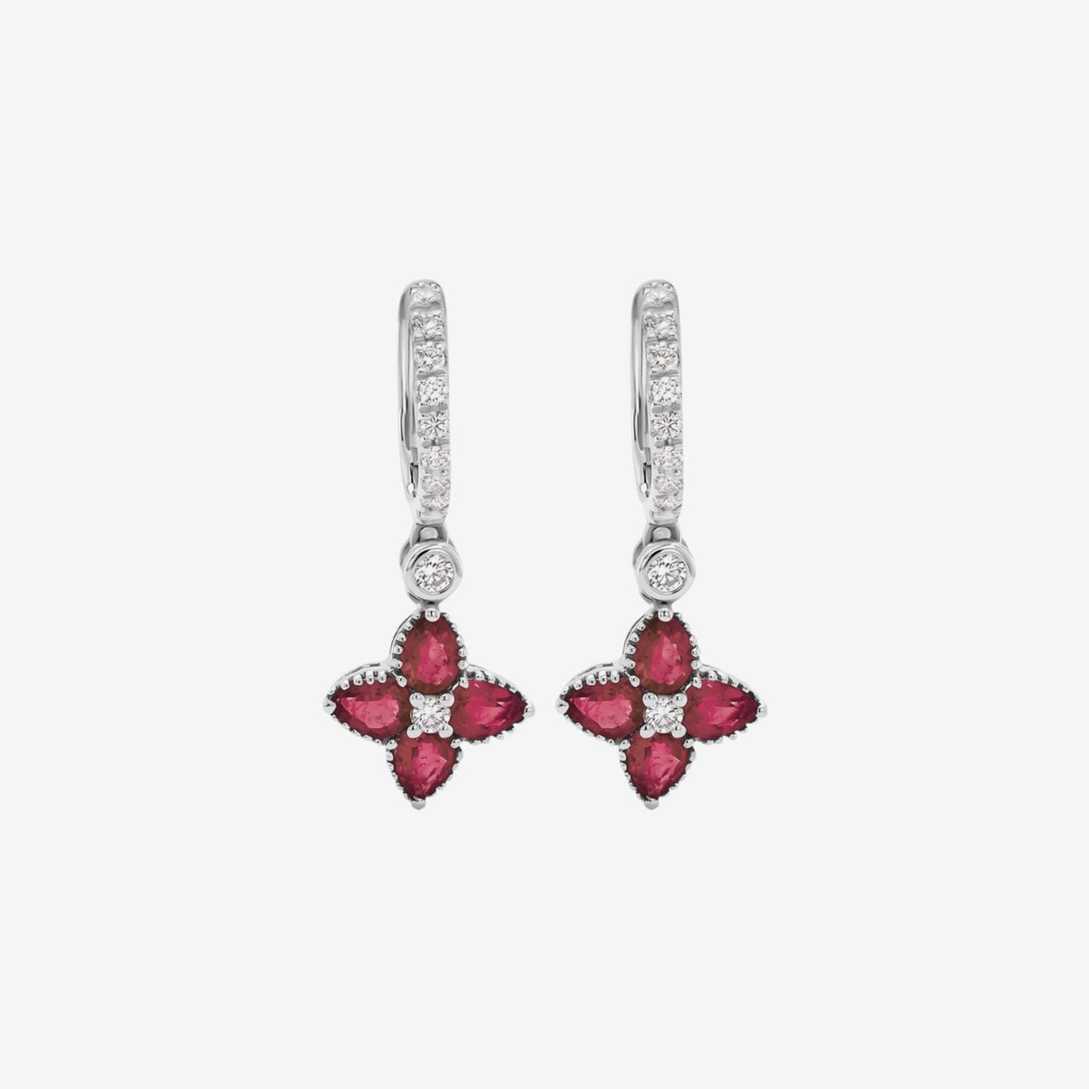 Floral Drop Hoop Earrings with Pavé Diamonds and Gemstones with Ruby, gray background | JJ Jewelry Miami