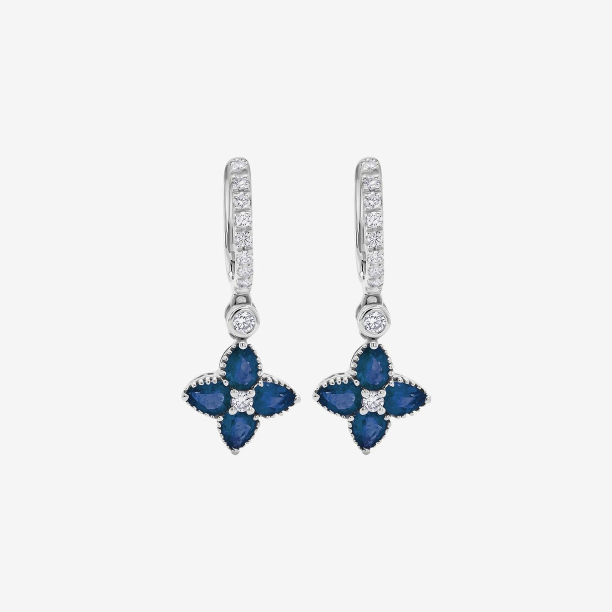 Floral Drop Hoop Earrings with Pavé Diamonds and Gemstones with Blue Sapphire, gray background | JJ Jewelry Miami