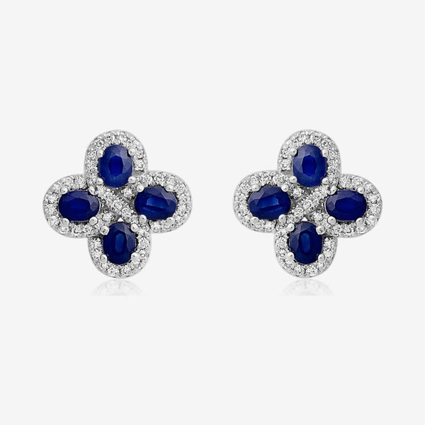 Floral Gemstone Stud Earrings in 14K White Gold with Blue Sapphire, gray background | JJ Jewelry Miami