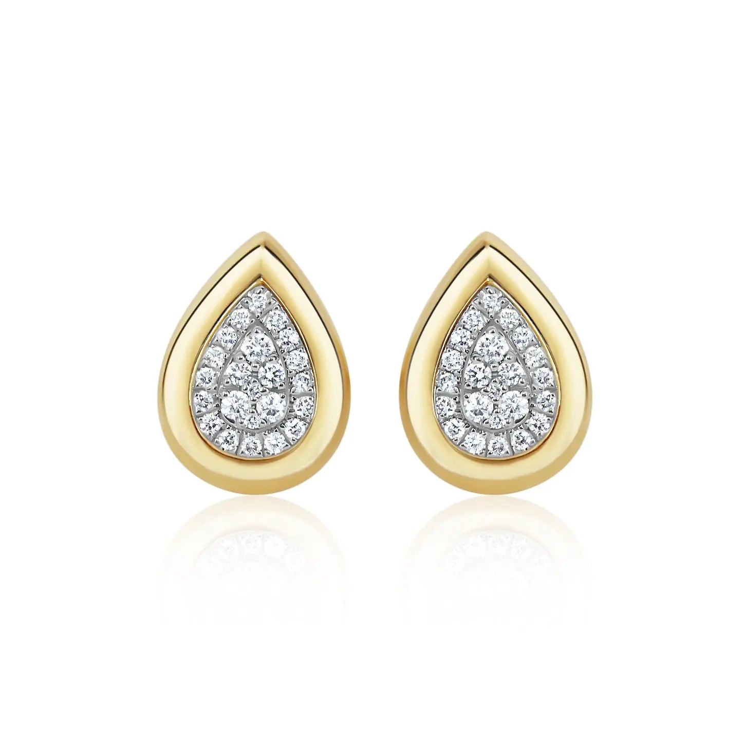 Round, heart, and teardrop diamond stud earrings in gold